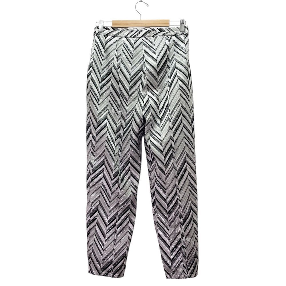Lulus Creative Thinking Pants M Silver Black Metallic Chevron High Rise Ankle - Picture 3 of 16